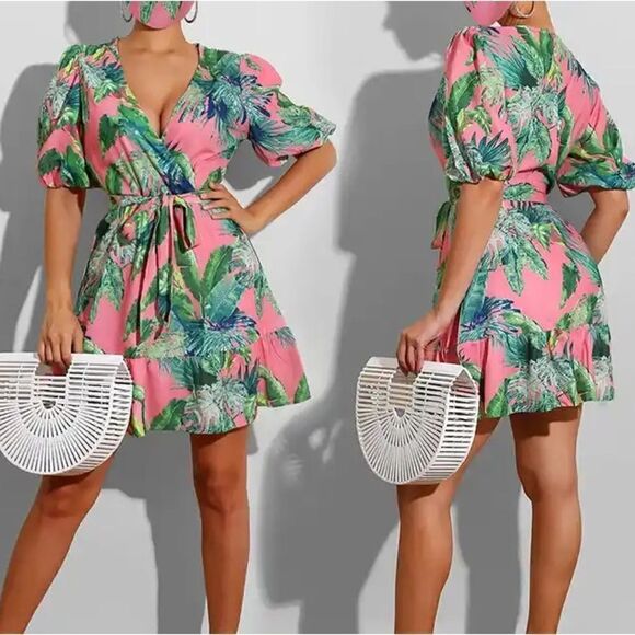 Flying Tomato B-Neck Wrap Tropic Leaf Leaves Print Dress with Puff Short Sleeves - Picture 4 of 11